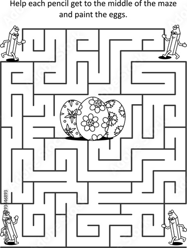 Easter maze game and coloring activity page for kids: Help each pencil get to the middle and paint the eggs!
