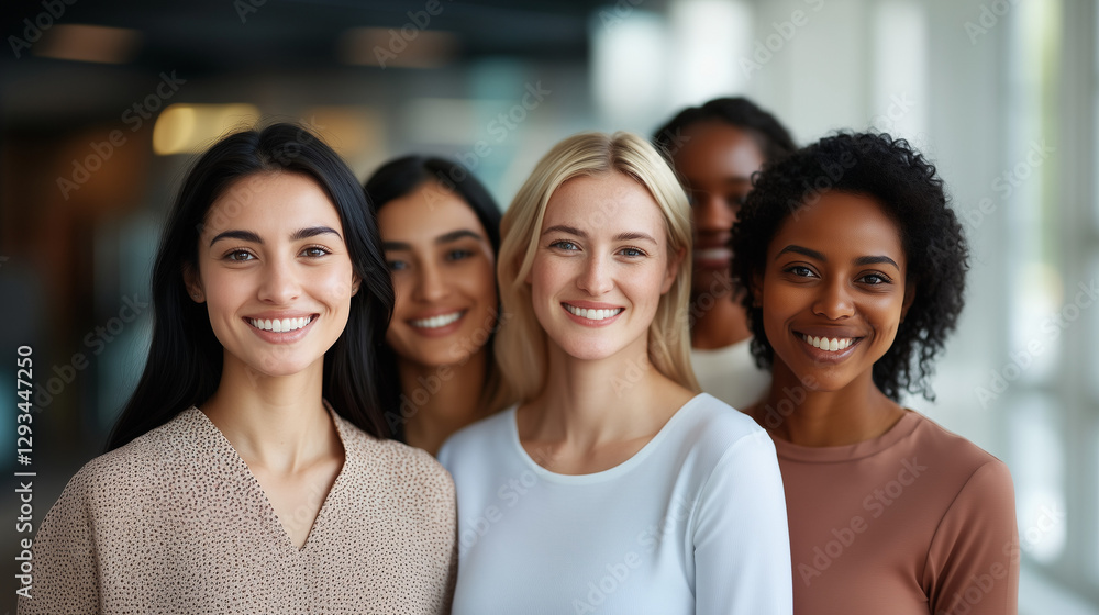 Fototapeta premium Close-up portrait of smiling women from different ethnicities standing side by side in an office setting, looking at the camera with determination and confidence. The image highlights diversity