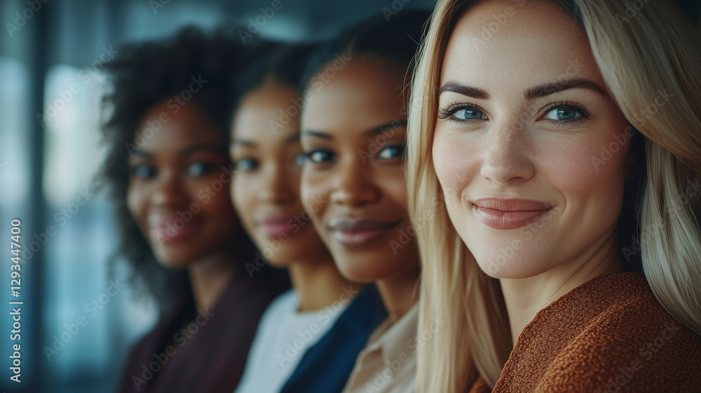 Close-up portrait of smiling women from different ethnicities standing side by side in an office setting, looking at the camera with determination and confidence. The image highlights diversity Close-up portrait of smiling women from different ethnicities standing side by side in an office setting, looking at the camera with determination and confidence. The image highlights diversity