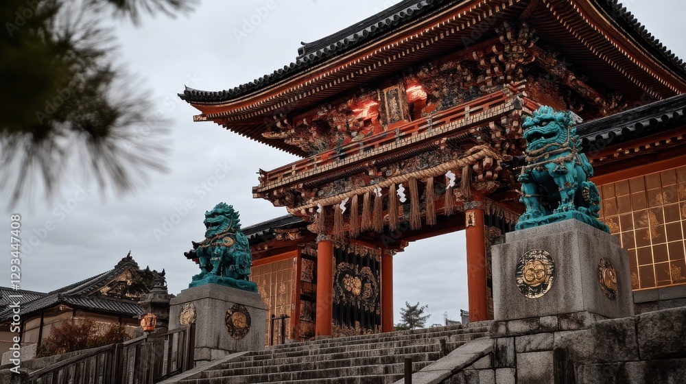 Majestic entrance of a traditional japanese temple with guardian statues Majestic entrance of a traditional japanese temple with guardian statues