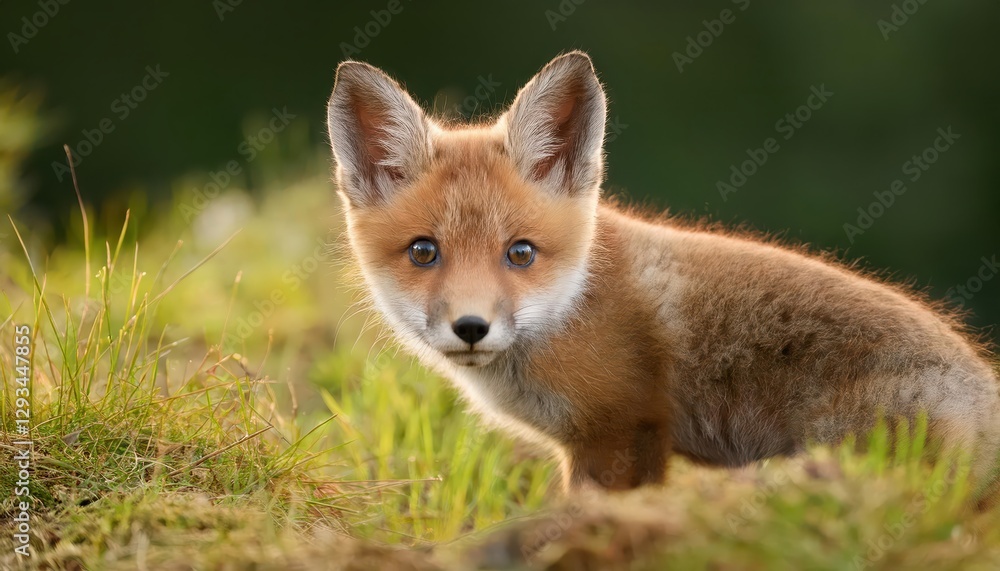 A Curious Little Red Fox Kit Ventures into an Enchanting Woodland Meadow, Discovering Delights Amidst Green Shadows and Sunbeams in a Serene Wilderness. A Curious Little Red Fox Kit Ventures into an Enchanting Woodland Meadow, Discovering Delights Amidst Green Shadows and Sunbeams in a Serene Wilderness.