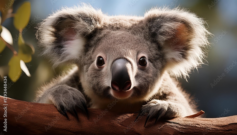 Fototapeta premium Curious Koala in a Gumtree at Twilight, Capturing the Serene Australian Bushland with a Touch of Enigmatic Mystery and Soft Golden Light.