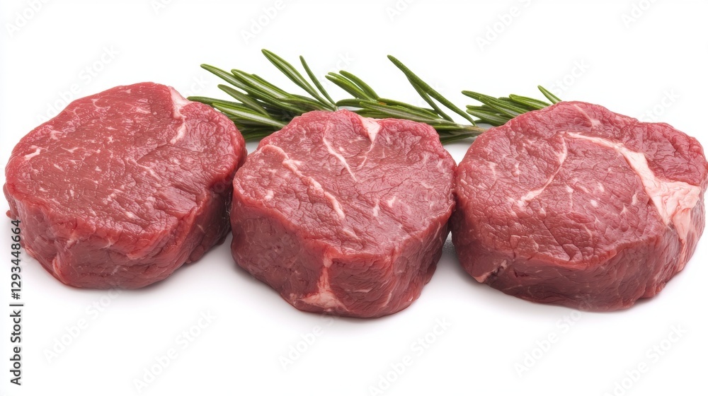 Three raw beef tenderloin steaks with rosemary sprigs on a white background. Ready to cook. Three raw beef tenderloin steaks with rosemary sprigs on a white background. Ready to cook.