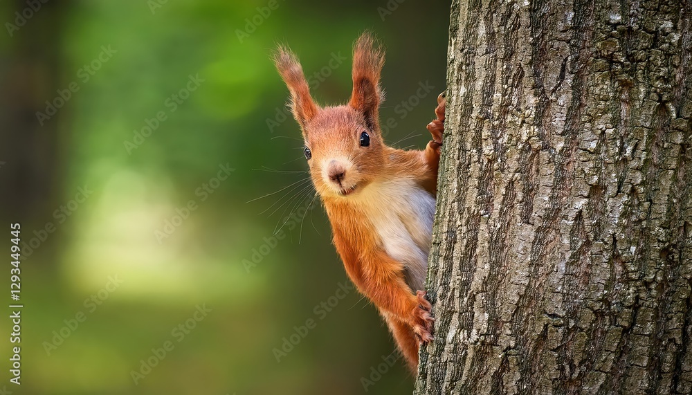 Curious Red Squirrel Peeking Behind a Rustic Tree Trunk Vibrant Forest Mood, Detailed Textures, and Playful Energy in the Dappled Sunlight Curious Red Squirrel Peeking Behind a Rustic Tree Trunk Vibrant Forest Mood, Detailed Textures, and Playful Energy in the Dappled Sunlight