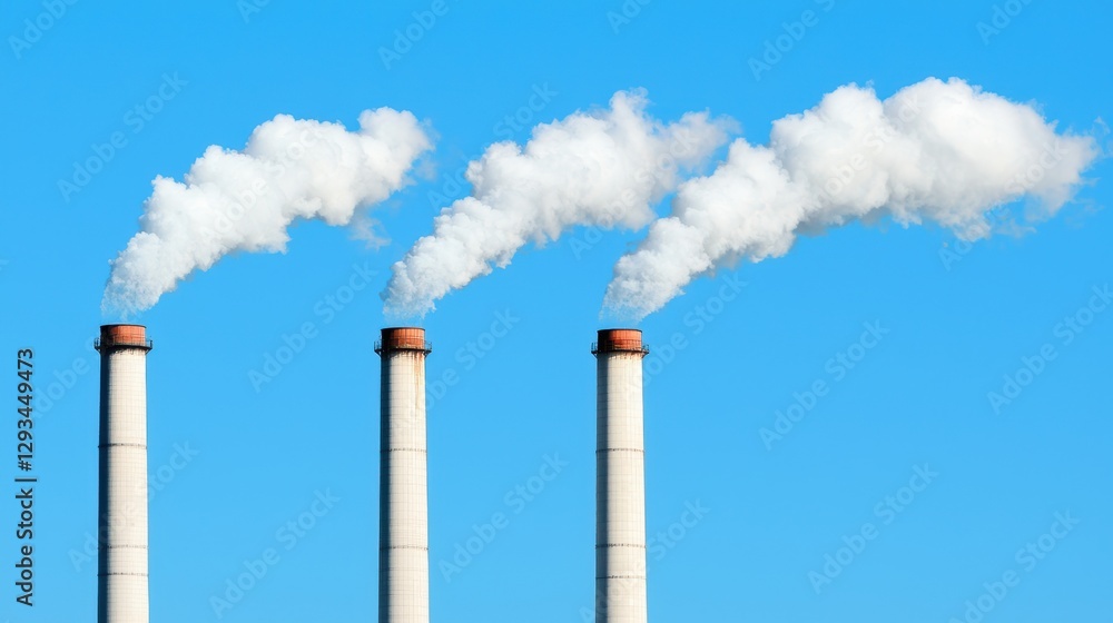 Three smokestacks emitting smoke against a clear blue sky. Concept of industry, pollution, and environment.