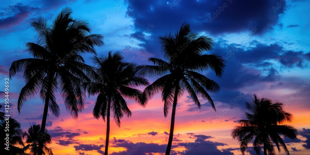 Colorful sunset over palm trees under a vibrant sky filled with clouds and hues of orange, pink, and purple