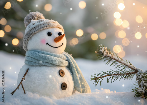 A cute, laughing snowman wearing a wool hat and scarf, illuminated by sunlight, against a snowy Christmas background with soft bokeh lights.