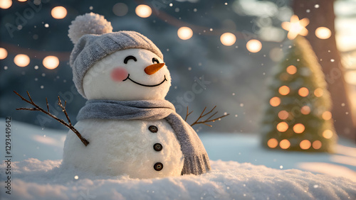 A cute, laughing snowman wearing a wool hat and scarf, illuminated by sunlight, against a snowy Christmas background with soft bokeh lights.