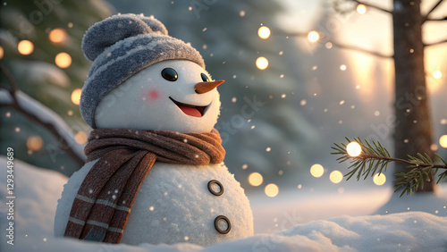 A cute, laughing snowman wearing a wool hat and scarf, illuminated by sunlight, against a snowy Christmas background with soft bokeh lights.
