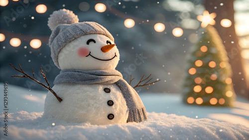 A cute, laughing snowman wearing a wool hat and scarf, illuminated by sunlight, against a snowy Christmas background with soft bokeh lights.