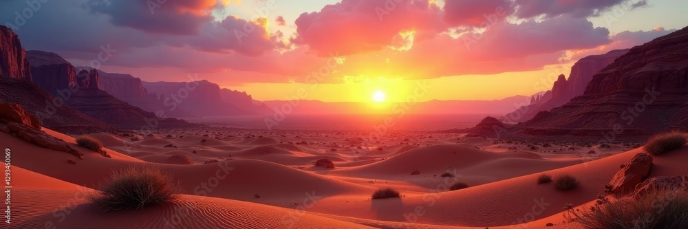 Desert landscape at dawn with sun rising behind mountains, morning, nature, rock formations Desert landscape at dawn with sun rising behind mountains, morning, nature, rock formations