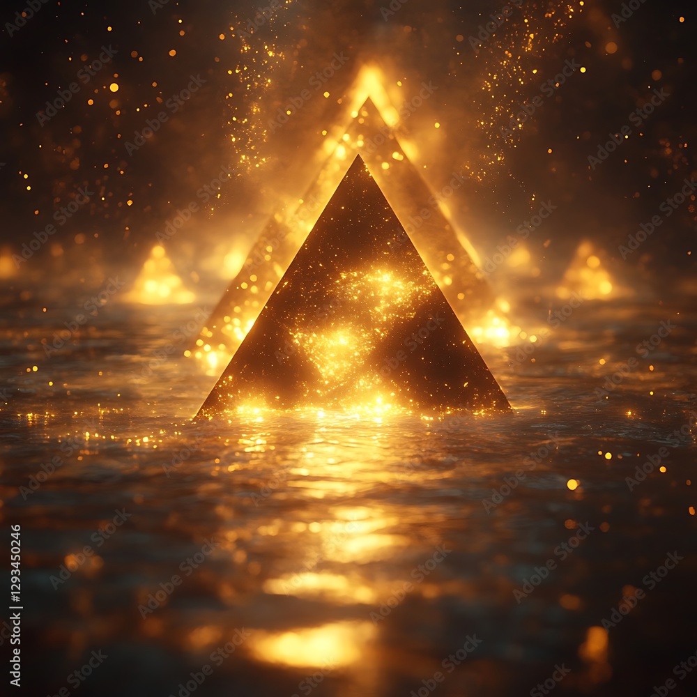 Vivid Abstract Illustration of Glowing Golden Pyramids Emerging from a Mystical Water Surface, Radiating Sparkles in a Dreamlike Environment at Night Vivid Abstract Illustration of Glowing Golden Pyramids Emerging from a Mystical Water Surface, Radiating Sparkles in a Dreamlike Environment at Night