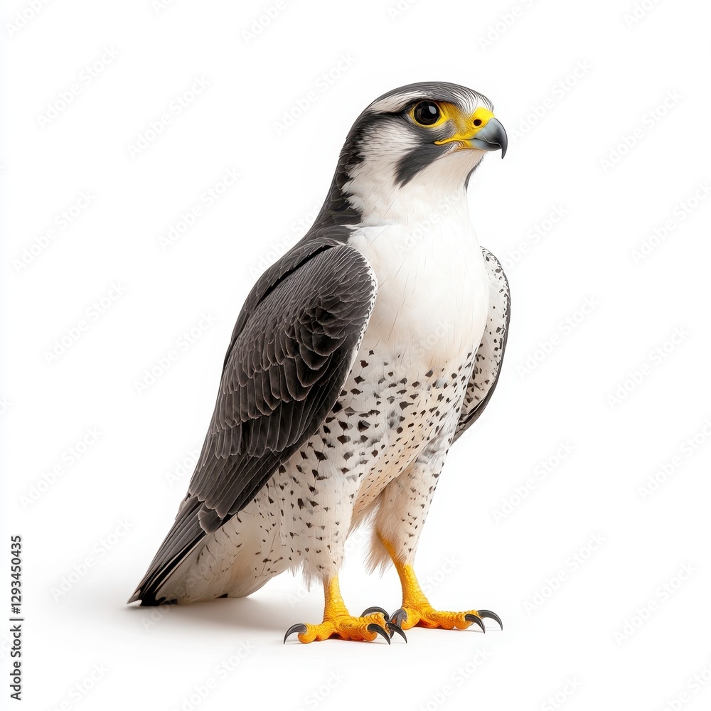 Obraz premium Majestic peregrine falcon with dark gray and white plumage, yellow feet and beak, standing against a bright white background. Studio shot