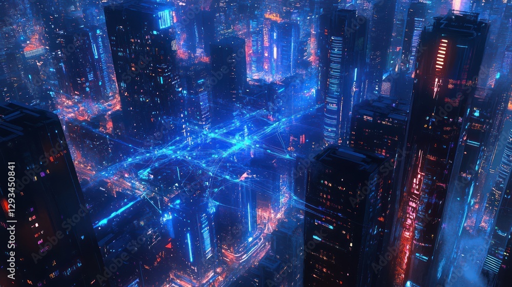 Futuristic city at night, aerial view, glowing network. Cyberpunk background for sci-fi design Futuristic city at night, aerial view, glowing network. Cyberpunk background for sci-fi design