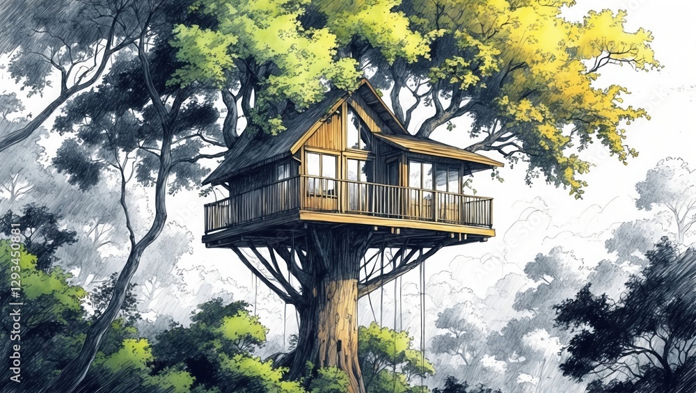 Treehouse built high in old tree, hand drawn ink sketch. House with wood exterior, windows and balcony, green and grey foliage all around. Treehouse built high in old tree, hand drawn ink sketch. House with wood exterior, windows and balcony, green and grey foliage all around.