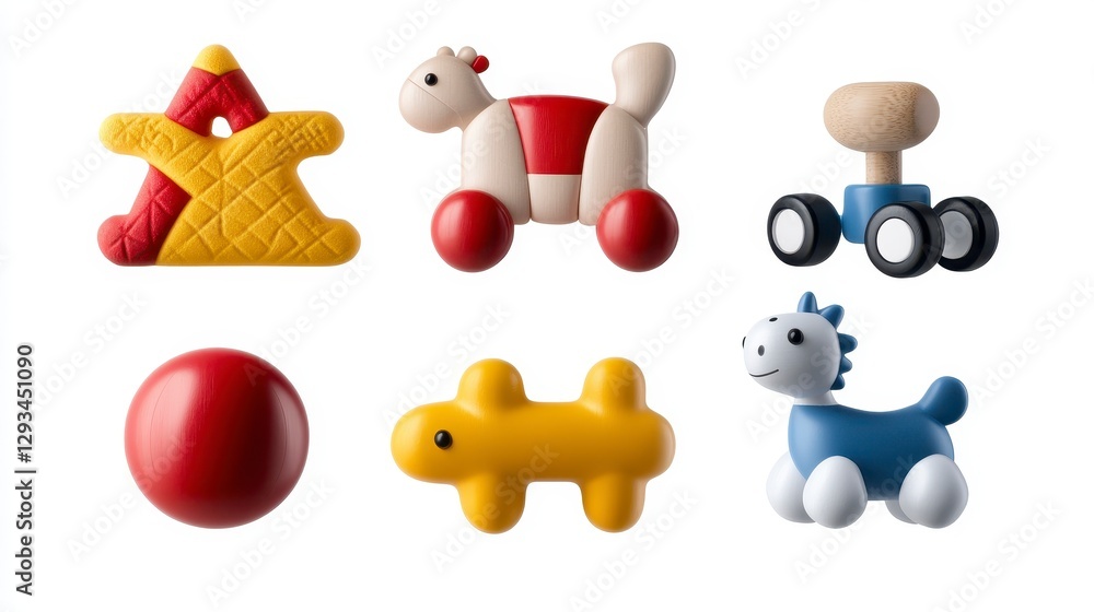 Obraz premium Six miniature toy animals and shapes on a white background. Includes a star, horse, car, ball, lizard, and dragon. Soft, pastel colors