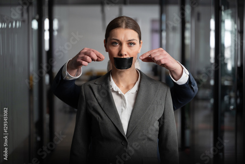 Photography Businesswoman in a suit with mouth covered by black tape, controlled by hands behind her, symbolizing oppression, censorship, and manipulation