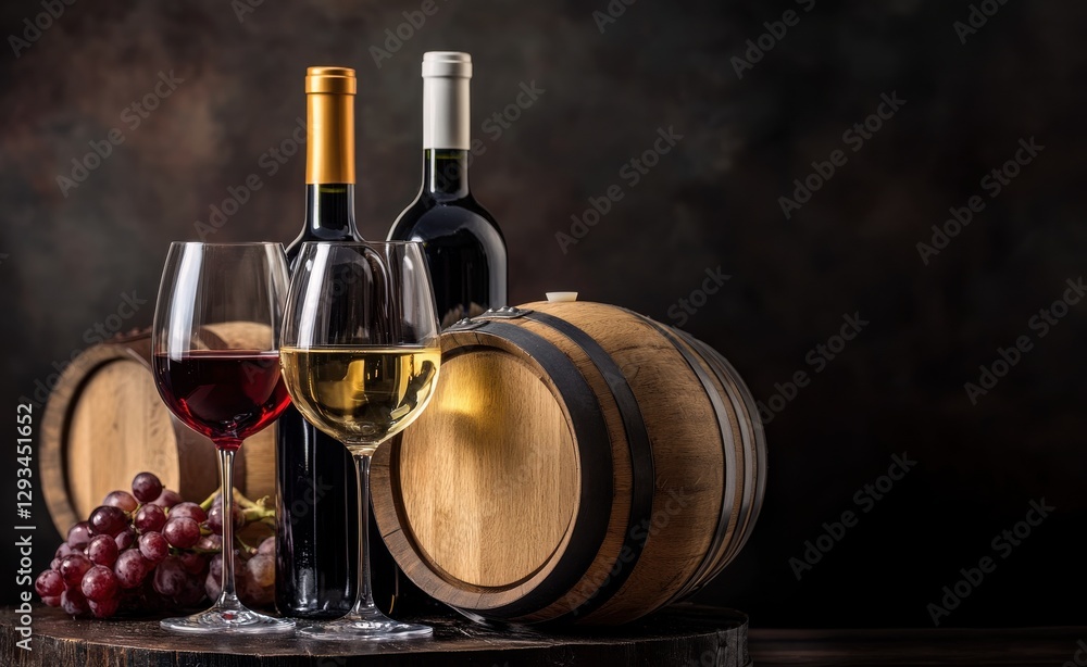 Naklejka premium Elegant display of red and white wine bottles with glasses and grapes next to wooden barrels in a dimly lit setting