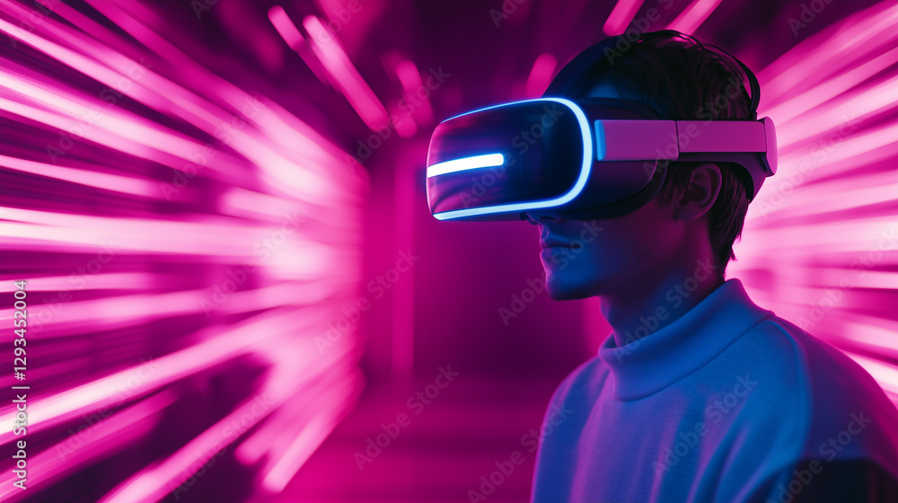 Immersive Virtual Reality Experience with a Young Man in a Futuristic Digital World Immersive Virtual Reality Experience with a Young Man in a Futuristic Digital World