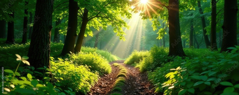 Obraz premium Forest trail with sunlight filtering through leaves,, tree branches, trails