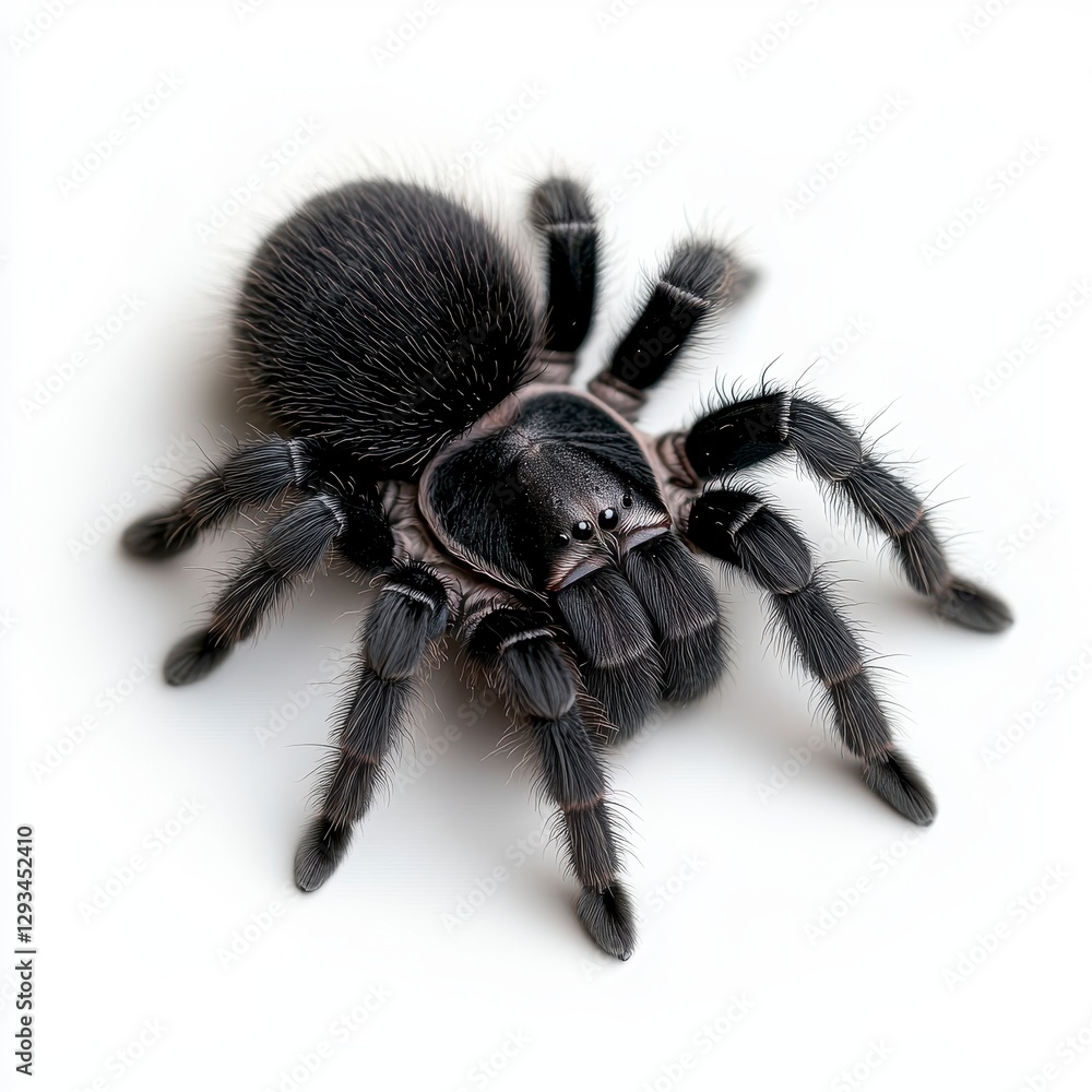 Close up view of a small, black spider with hairy legs on a white background. The spider is the central focus, exhibiting intricate details Close up view of a small, black spider with hairy legs on a white background. The spider is the central focus, exhibiting intricate details
