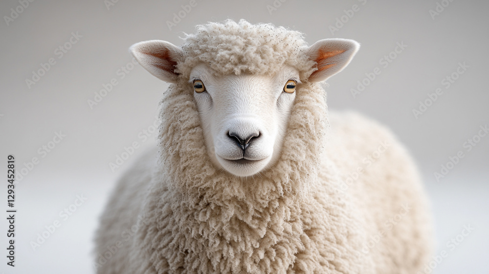 Fototapeta premium A serene sheep gazes directly into the camera, its thick, fluffy fleece a cloud of soft cream against a muted, neutral background.