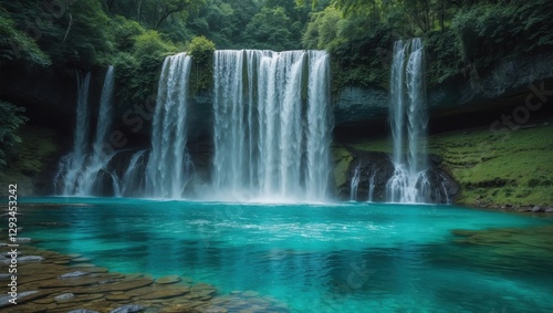 Turquoise Water and Waterfall in Green Forest. Water falls down. Tropical nature with blue river. Outdoor scene.