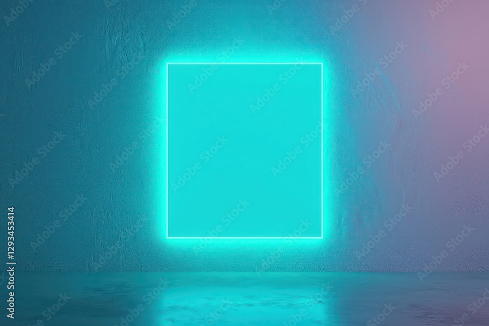 3D pistachio room's blank wall highlighted by a glowing neon blue. 3D pistachio room's blank wall highlighted by a glowing neon blue.
