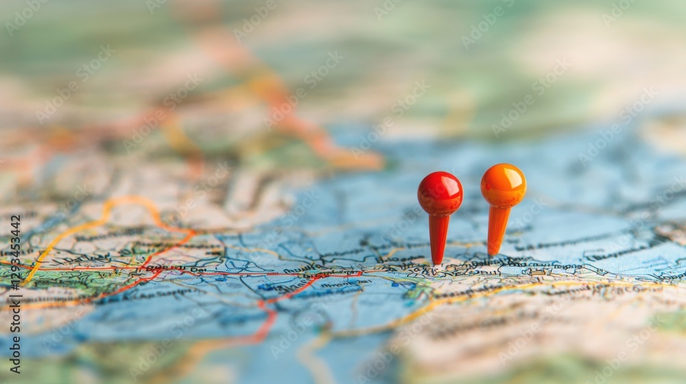 Two push pins on a map. Concept of travel, destination, and location. Two push pins on a map. Concept of travel, destination, and location.
