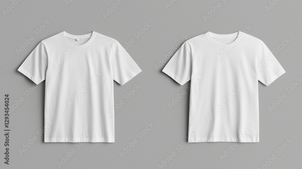 Two white t shirts on a gray background. Mockup for branding or design. Two white t shirts on a gray background. Mockup for branding or design.