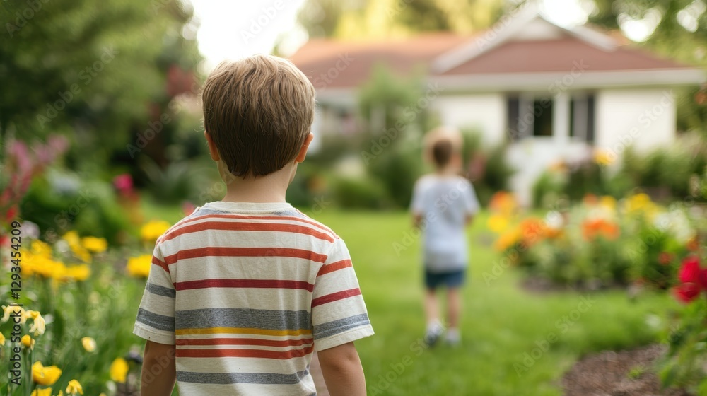 Fototapeta premium Two young boys walking through a flower garden towards a house. Concept of childhood, family, and summer.