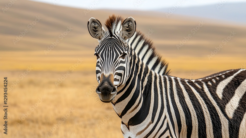 Fototapeta premium Zebra portrait in golden savanna landscape