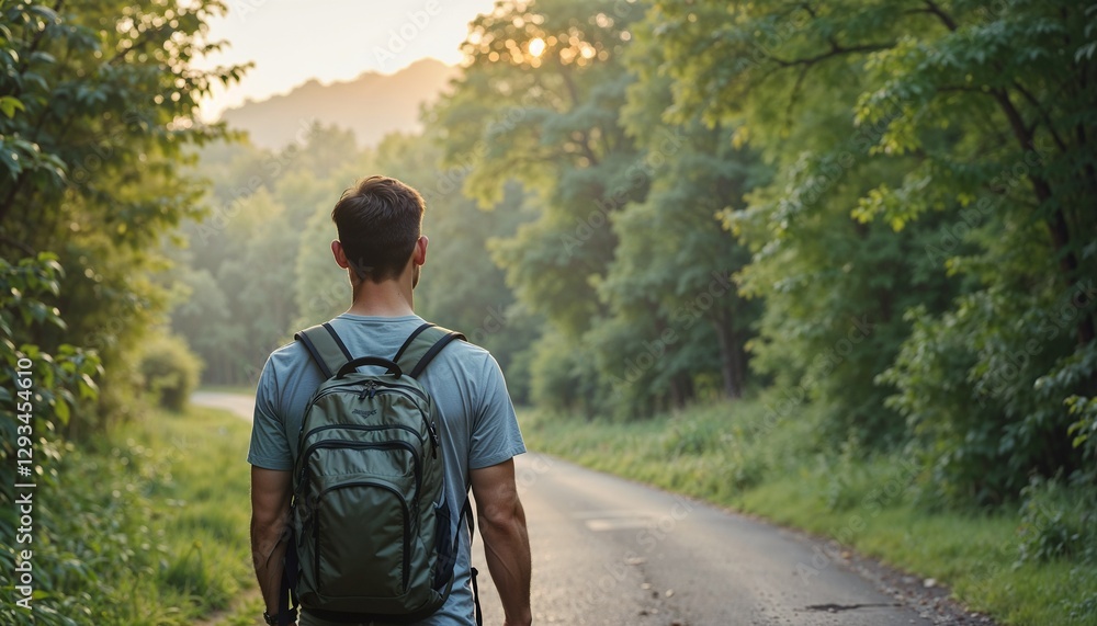 Man with a backpack walking on a forest road at sunrise. Man with a backpack walking on a forest road at sunrise.