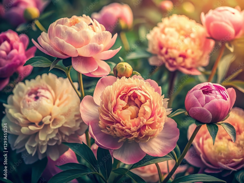 Fototapeta premium Vintage Style Photo: Budding Peonies of Varying Sizes