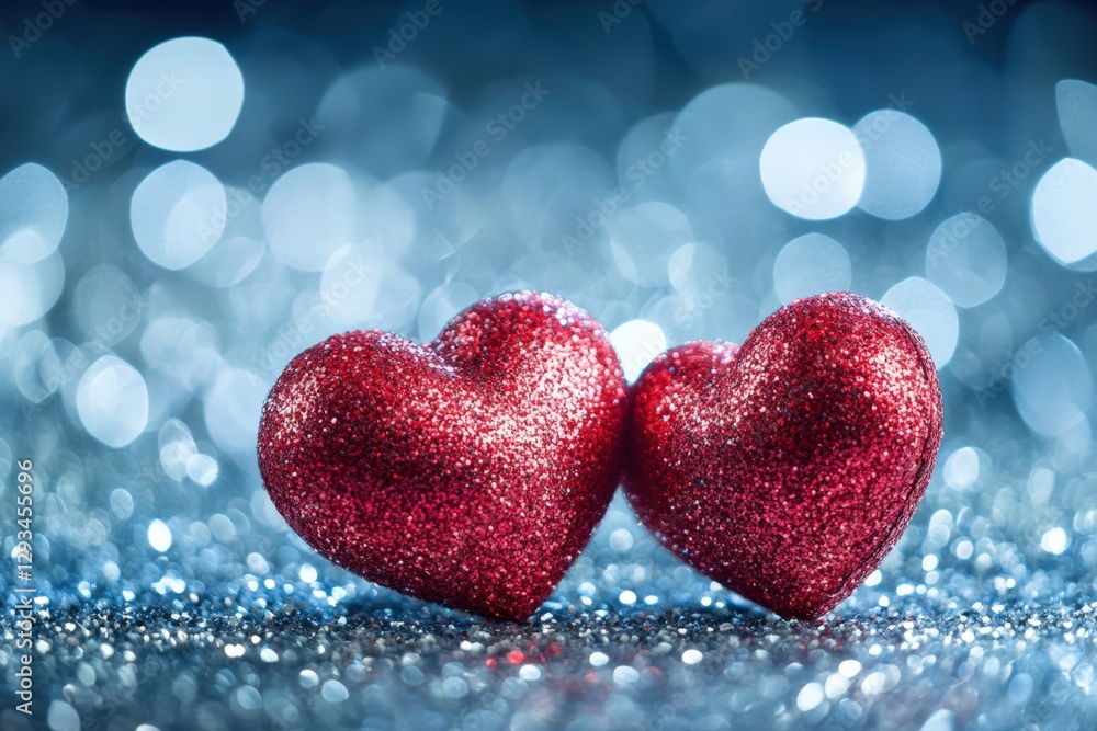 Fototapeta premium Shimmering Red Glitter Hearts on Bright Blue Sparkling Background: A Symbol of Love and Romance Ideal for Valentine's Day Celebrations