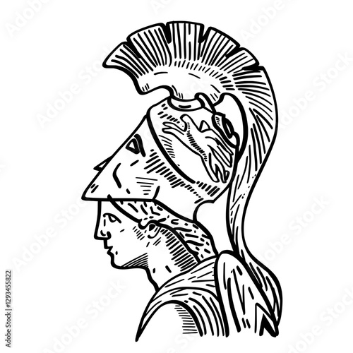 Hand-drawn illustration of a Spartan warrior helmet. Ancient Greek helmet, isolated on a light background. Historical, military, and cultural symbol.