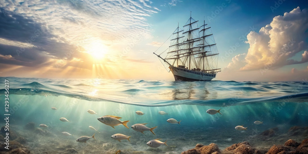 Obraz premium Majestic Tall Ship Sailing Under Beautiful Sunset Over Ocean Waters