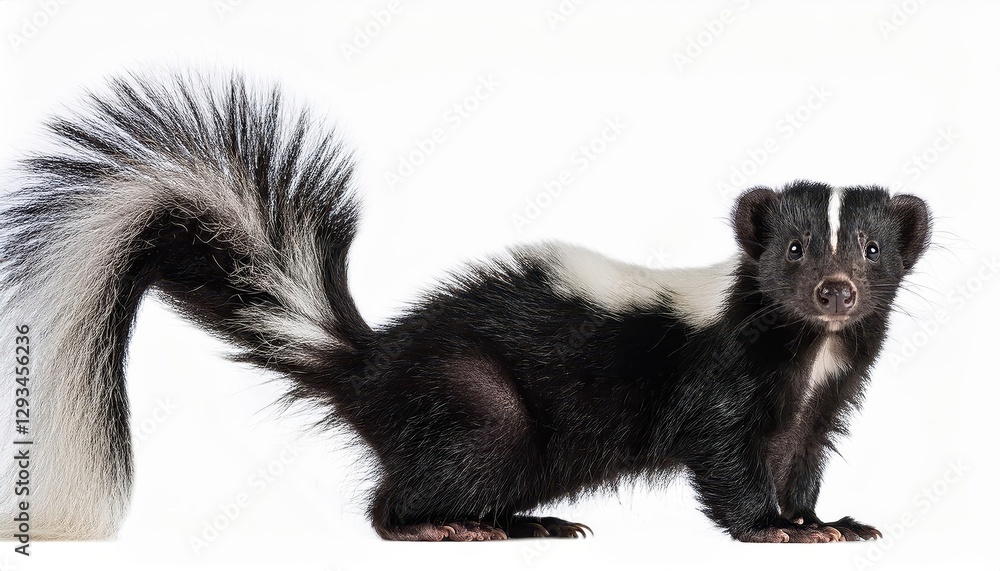 Playful Young Skunk in Classic Black and White Stripes, Showcasing Agile Posture Amidst a Forested Landscape, Exuding Charm and Mischief. Playful Young Skunk in Classic Black and White Stripes, Showcasing Agile Posture Amidst a Forested Landscape, Exuding Charm and Mischief.