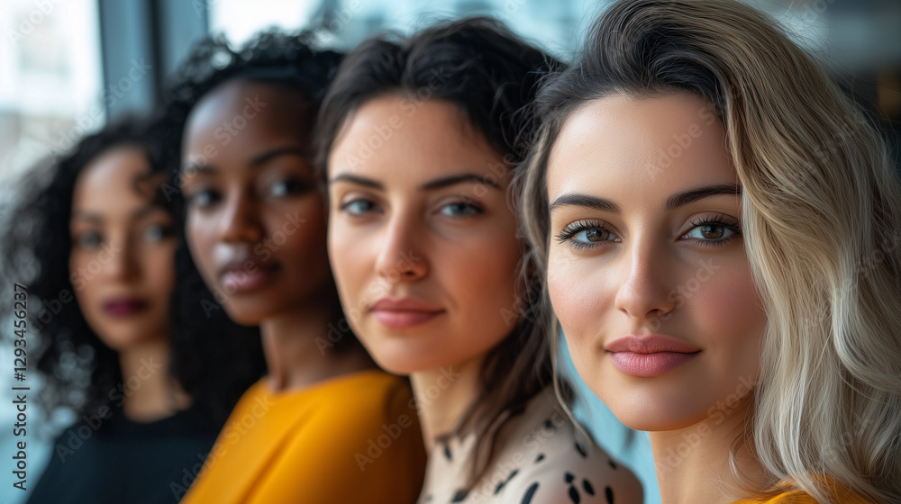 Obraz premium Close-up portrait of women from different ethnicities standing side by side in an office setting, looking at the camera with determination and confidence. 
