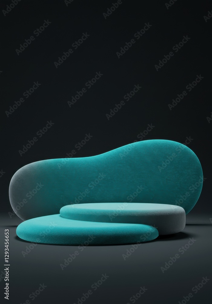 Three uniquely shaped podiums in varying shades of teal occupy a dark space, showcasing sleek lines and a minimalist aesthetic ideal for modern presentations
