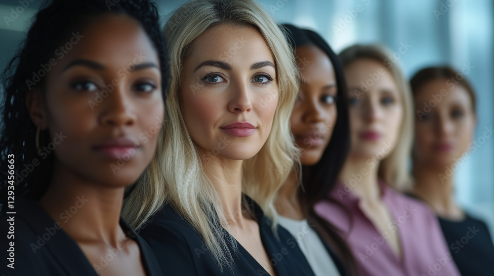 Close-up portrait of women from different ethnicities standing side by side in an office setting, looking at the camera with determination and confidence. Close-up portrait of women from different ethnicities standing side by side in an office setting, looking at the camera with determination and confidence.