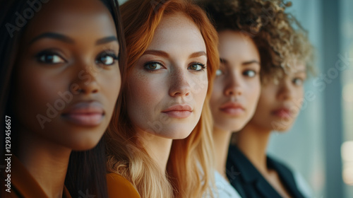 Close-up portrait of women from different ethnicities standing side by side in an office setting, looking at the camera with determination and confidence. 