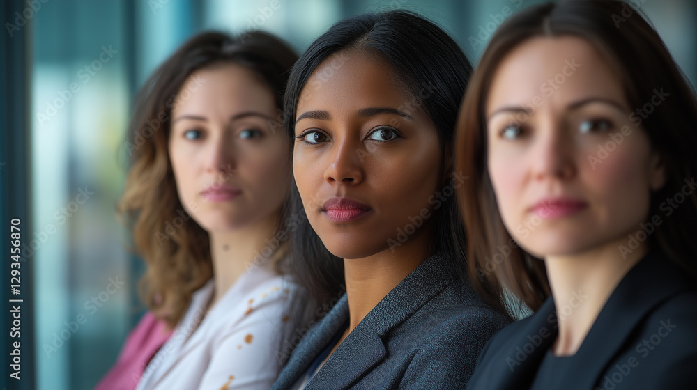 Close-up portrait of women from different ethnicities standing side by side in an office setting, looking at the camera with determination and confidence. Close-up portrait of women from different ethnicities standing side by side in an office setting, looking at the camera with determination and confidence.