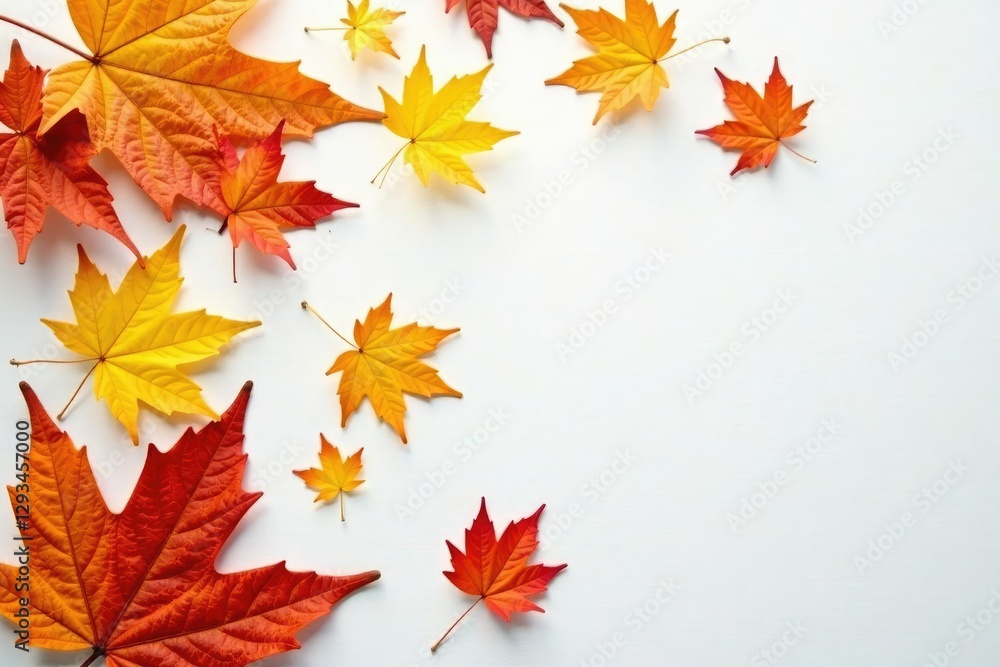 Golden hues of autumn maple leaves scattered on a crisp white surface, nature, foliage, maples Golden hues of autumn maple leaves scattered on a crisp white surface, nature, foliage, maples
