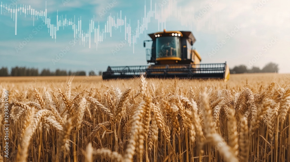 Fototapeta premium Wheat field with combine harvester and stock market chart overlay. Concept of agriculture, commodities, and investment.