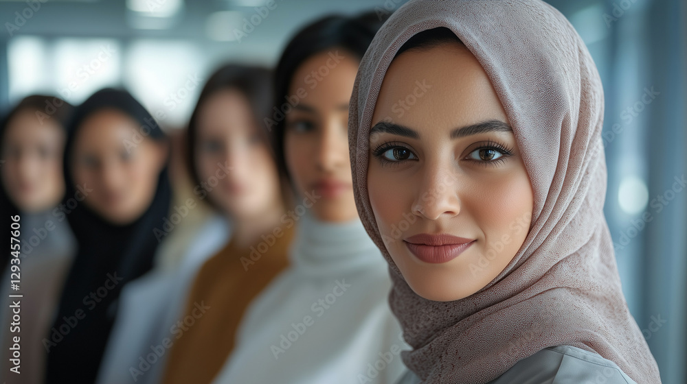 Obraz premium Close-up portrait of women from different ethnicities standing side by side in an office setting, looking at the camera with determination and confidence. 