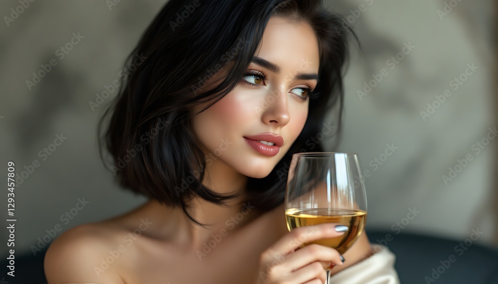 Elegant Woman with Bob Haircut Enjoying White Wine: A Serene Portrait Elegant Woman with Bob Haircut Enjoying White Wine: A Serene Portrait