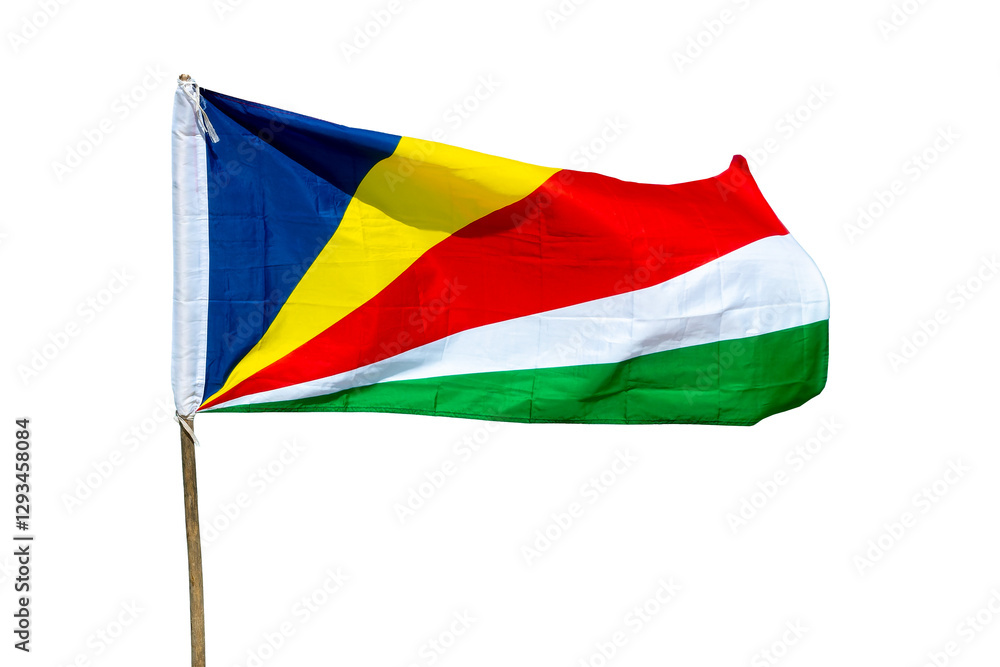 Photo of a Seychelles flag on a pole, isolated on tranparent or white background, png