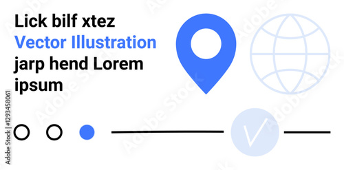 Map marker icon in blue, navigation line, global icon, circles, check mark. Ideal for user interface design, maps, navigation, location services web design global services landing page