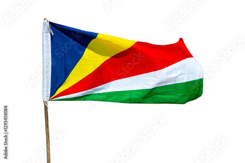 Obraz na płótnie Photo of a Seychelles flag on a pole, isolated on tranparent or white background, png w salonie